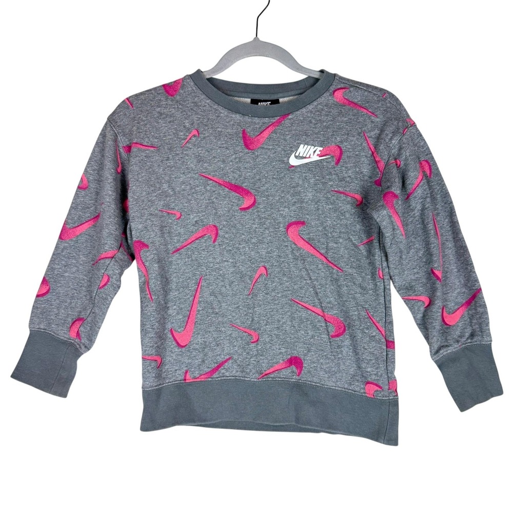 Nike Sweatshirt Kids XS Gray Pullover Fleece Allover‎ Swoosh Logo Graphic